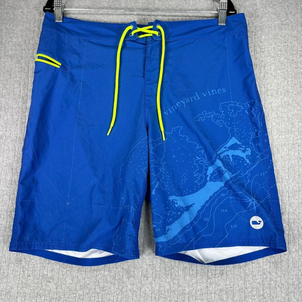 Vineyard Vines Board Shorts Men 32 Blue Nautical Map Print Swim Trunks Neon Trim